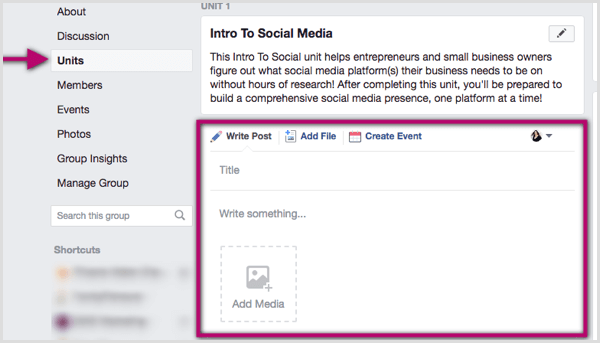 Klicken Sie in Ihre Facebook-Gruppeneinheit und schreiben Sie einen Beitrag, fügen Sie eine Datei hinzu oder erstellen Sie ein Ereignis.