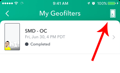 Wenn Sie zuvor einen Snapchat-Geofilter erstellt haben, tippen Sie oben auf dem Bildschirm auf das Erstellungssymbol.