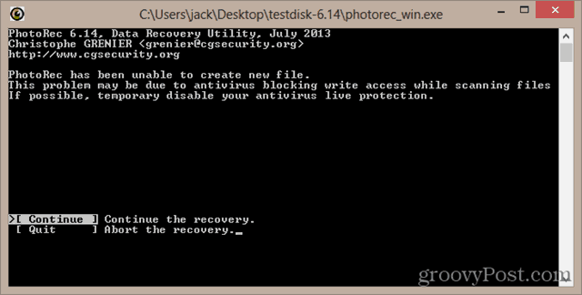PhotoRec konnte keine neue Datei erstellen. Dieses Problem kann darauf zurückzuführen sein, dass Antivirus den Schreibzugriff beim Scannen von Dateien blockiert. Deaktivieren Sie nach Möglichkeit vorübergehend Ihren Antiviren-Live-Schutz