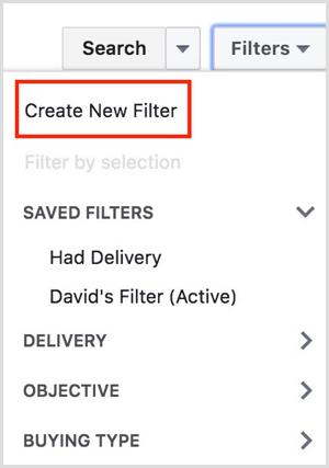 Facebook Ads Manager erstellen neuen Filter