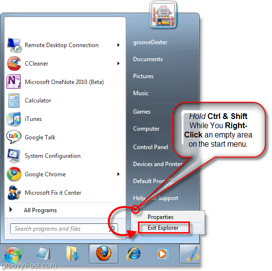 Halten Sie die Tasten gedrückt und klicken Sie mit der rechten Maustaste auf das Startmenü, um den Explorer in Windows 7 zu beenden