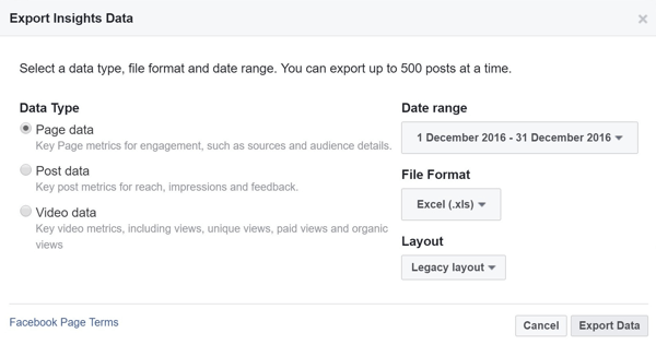 Wählen Sie den Datentyp, den Bereich, das Dateiformat und das Layout für Ihre Facebook Insights-Daten.