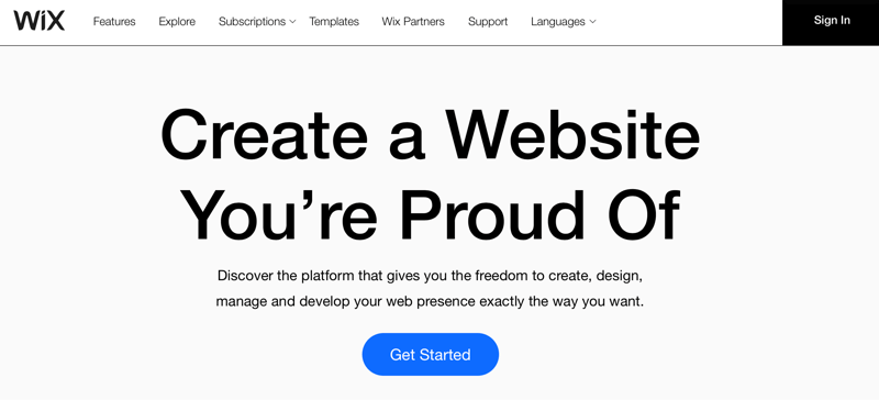 Wix.com-Überschrift "Erstellen Sie eine Website, auf die Sie stolz sind"