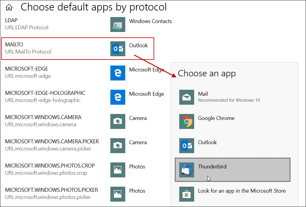 Festlegen der Standard-E-Mail-App nach Protokoll Windows 10
