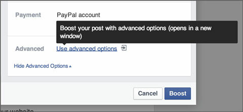 Erweiterte Facebook-Optionen in Anzeigen