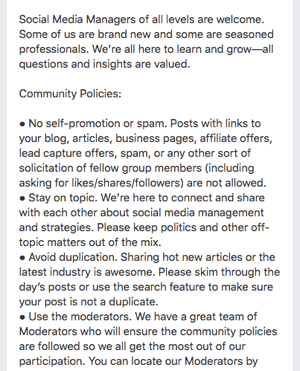 Hier ist ein Beispiel für Facebook-Gruppenregeln.
