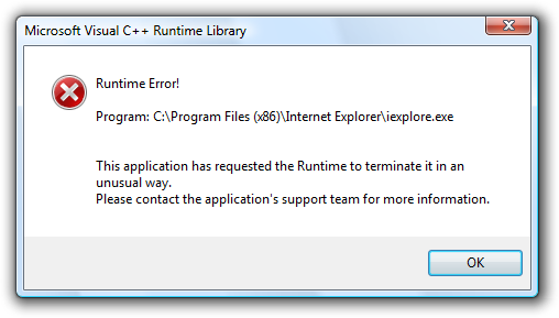 Internet Explorer 8 (IE8) Microsoft Visual C ++ - Laufzeitbibliothek: Laufzeitfehler!