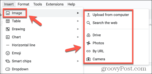 Google Docs-Optionen zum Einfügen von Bildern