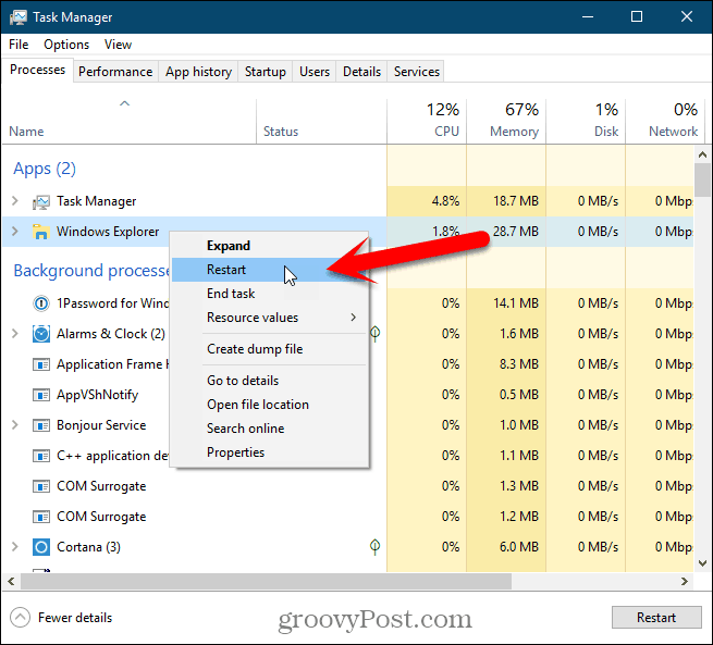 Klicken Sie mit der rechten Maustaste auf den Windows Explorer-Prozess und wählen Sie im Windows 10-Task-Manager die Option Neu starten