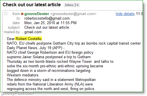 Outlook 2010-Screenshot - ein Beispiel für eine personalisierte Massen-E-Mail