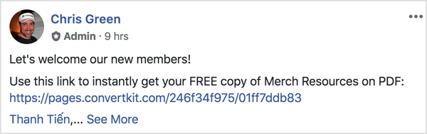 Dieser Facebook-Gruppenbeitrag begrüßt die neuen Mitglieder und erinnert sie daran, ein kostenloses PDF herunterzuladen.