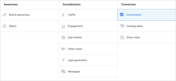 Wählen Sie das Conversions-Ziel für eine Facebook-Kampagne aus.