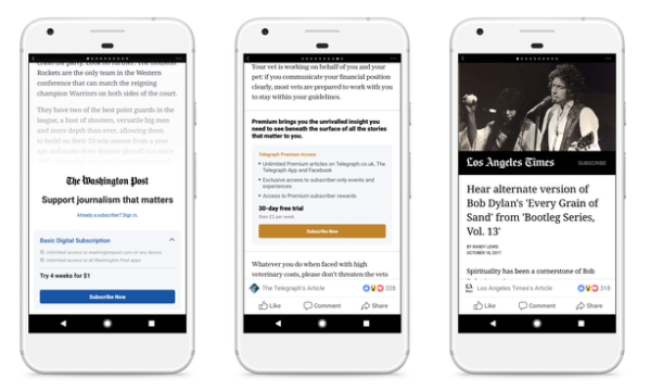 Facebook testet Paywall- und Abonnementmodelle für Sofortartikel mit einer kleinen Gruppe von Publishern in den USA und in Europa.