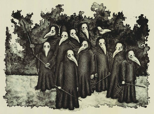 Die illustrierte Methode des Schutzes vor der Pest, die sich im Mittelalter verbreitete, verhinderte mit diesen Masken die Ausbreitung von Bakterien