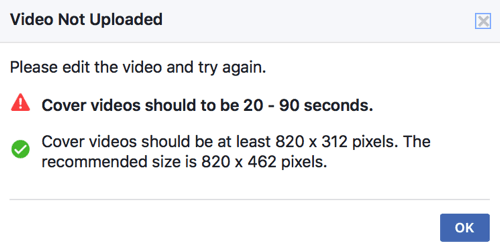 Wenn Ihr Titelvideo nicht bereits den technischen Standards von Facebook entspricht, können Sie es nicht direkt als Titelvideo Ihrer Seite hochladen.