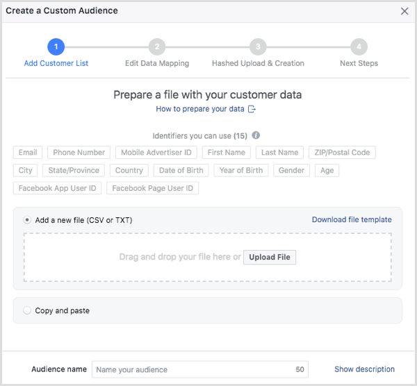 Wählen Sie die Kundendatei aus, die Sie auf Facebook hochladen möchten.