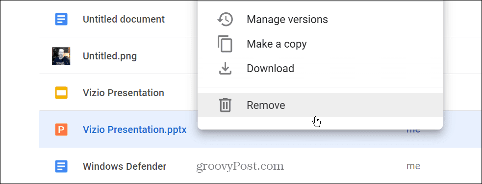 Entfernen Sie die PPTX-Datei von Google Drive