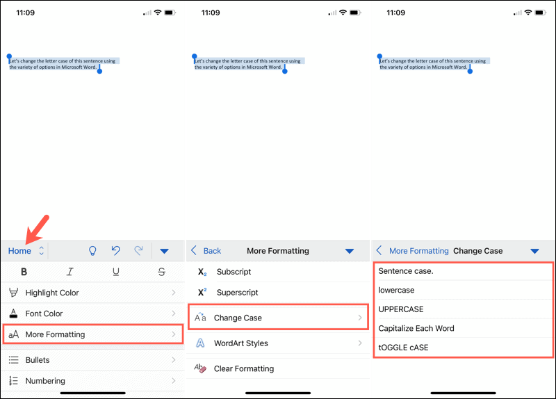 Groß-/Kleinschreibung in Word Mobile ändern