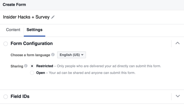 Sie können eine Sprache für Ihr Facebook-Lead-Formular auswählen.