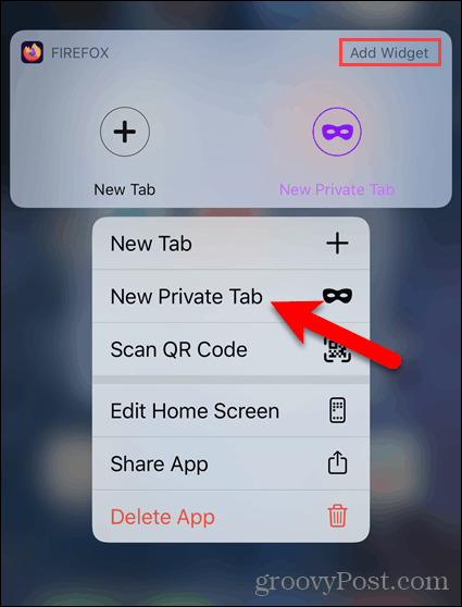 Drücken Sie lange auf das Firefox-Symbol und wählen Sie unter iOS die Option Neue private Registerkarte