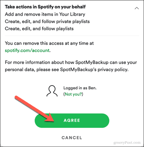 Genehmigen des SpotMyBackup-Zugriffs auf Spotify