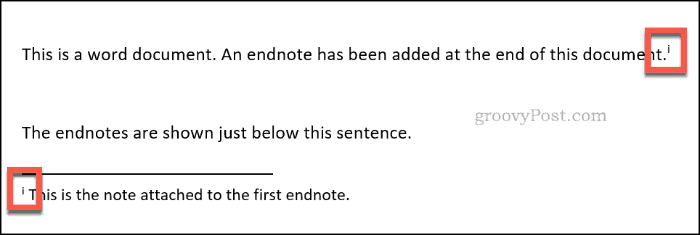 Eine eingefügte Endnote in Word