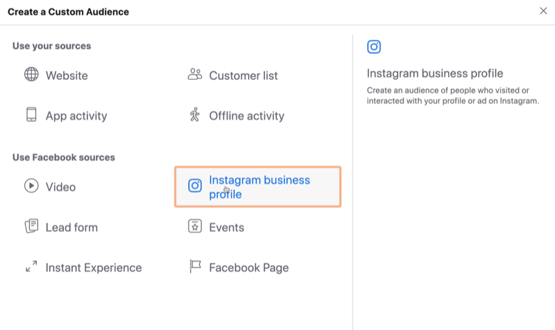 Wählen Sie Instagram Business als Quelle für das benutzerdefinierte Facebook-Publikum