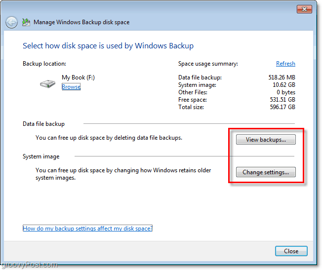 Windows 7-Sicherung - Zeigen Sie Ihre Sicherung an oder ändern Sie die Einstellungen, um die Größe anzupassen