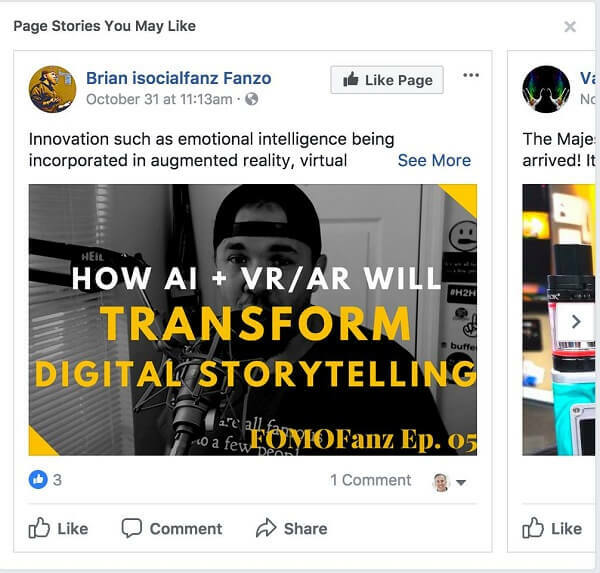 Facebook empfiehlt "Seitengeschichten, die Ihnen gefallen könnten" zwischen den Posts in Ihrem Newsfeed.