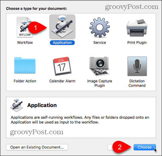 Wählen Sie in Automator für Mac den Anwendungstyp