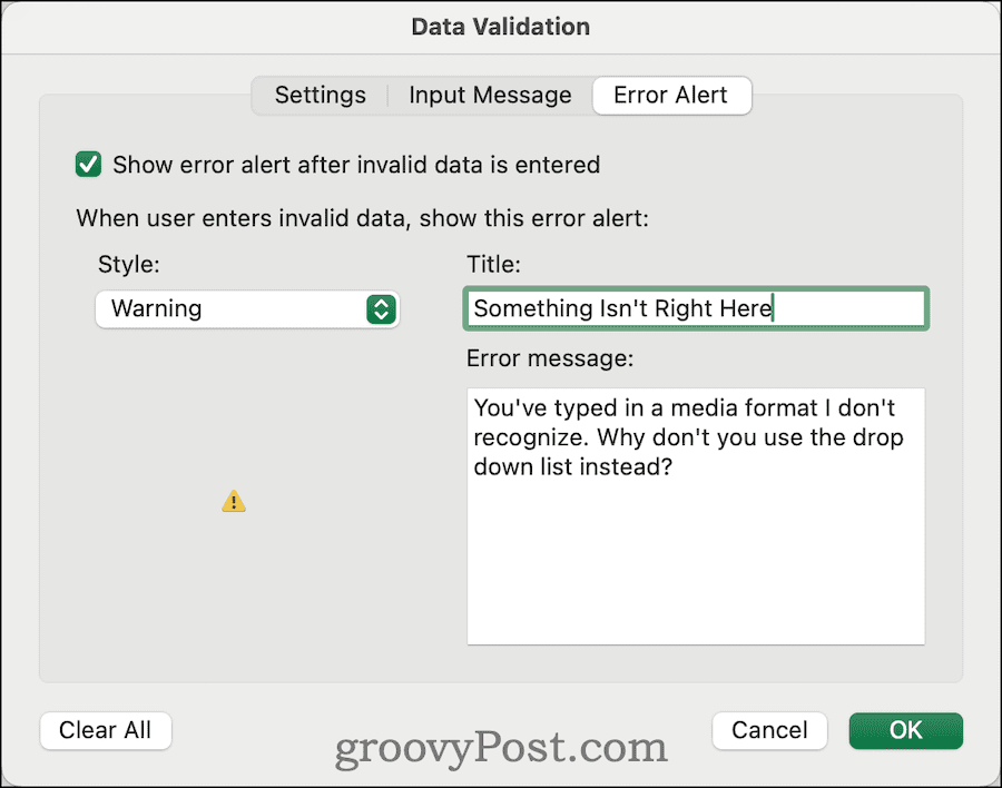 Ändern der Fehlerwarnung bei der Datenvalidierung