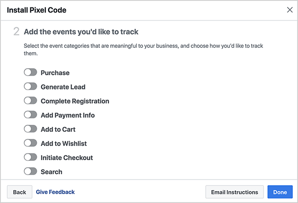 Andrew Foxwell merkt an, dass Sie Ihre Facebook-Ereignisse für Ihr Facebook-Pixel korrekt installieren müssen, damit Facebook Analytics funktioniert. Das Dialogfeld "Pixelcode installieren" zeigt vorgefertigte Ereignisse an, die Sie mit Facebook Pixel verfolgen können, einschließlich "Kauf". Lead generieren, Registrierung abschließen, Zahlungsinformationen hinzufügen, in den Warenkorb legen, zur Wunschliste hinzufügen, Kaufabwicklung einleiten und Suche.
