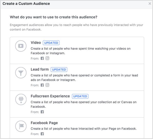 Facebook erstellen Seite Engagement benutzerdefinierte Zielgruppe