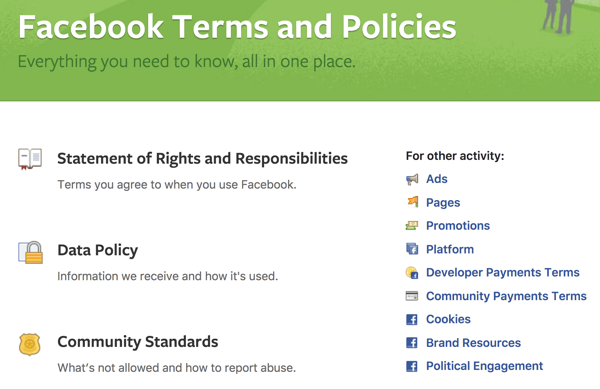 Facebook beschreibt alle Bedingungen und Richtlinien, die Sie kennen müssen.