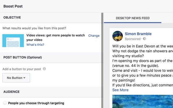 Facebook macht es einfach, einen verstärkten Beitrag einzurichten, indem es Sie durch die Optionen führt.