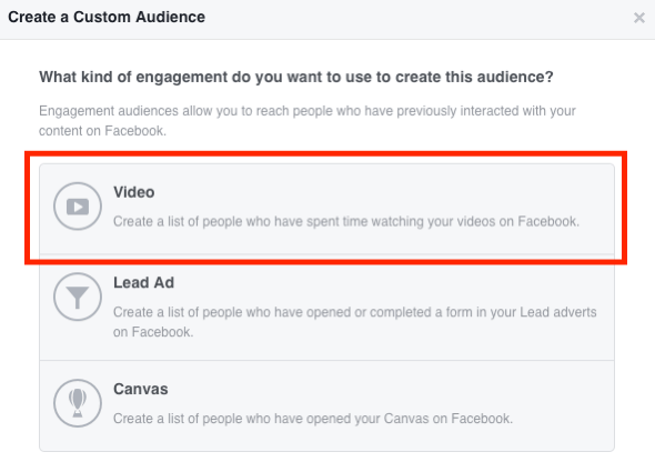 Wählen Sie Video für Ihr benutzerdefiniertes Facebook-Videopublikum.