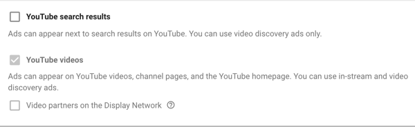 So richten Sie eine YouTube-Werbekampagne ein: Schritt 11: Festlegen der Netzwerkanzeigeoptionen