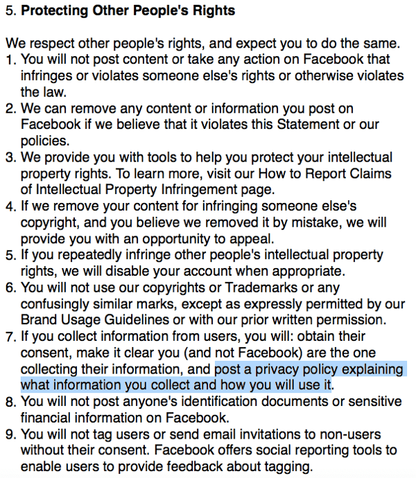 Facebook-Nutzungsbedingungen, in denen die Datenschutzbestimmungen aufgeführt sind.