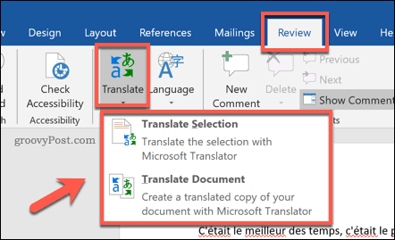 Optionen zum Übersetzen eines Word-Dokuments