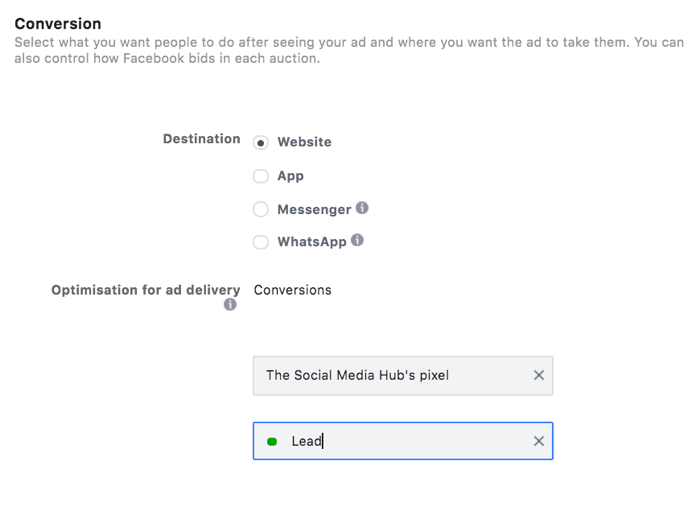 Option zum Auswählen eines Lead-Ereignisses für die Optimierung Ihres Conversion-Ziels im Facebook-Anzeigenmanager