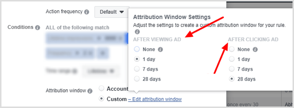 Optionen für das Attributionsfenster beim Einrichten der Bedingung für die Facebook-Regel