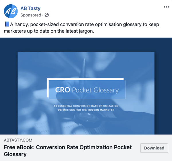 Facebook-Anzeigentechniken, die Ergebnisse liefern, beispielsweise von AB Tasty, die kostenlosen Content anbieten