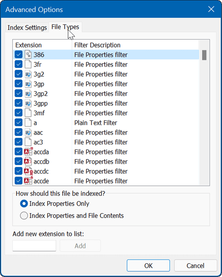 Dateitypen für erweiterte Optionen