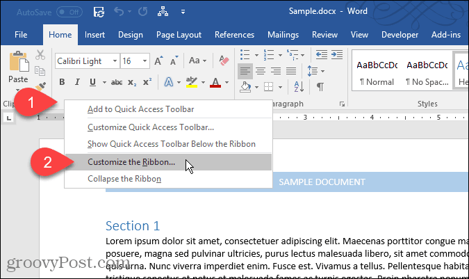 So passen Sie die Multifunktionsleiste in Office 2016 an