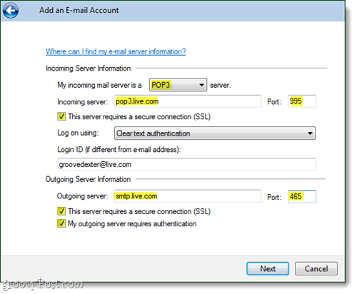Windows Live Mail https E-Mail-Kontoeinstellungen
