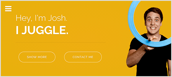 Josh Hortons Website zum Jonglieren hat einen gelben Hintergrund, ein Foto von Josh, der lächelt und einen hellblauen Jonglierring um seinen Zeigefinger dreht, und einen weißen Text mit der Aufschrift Hey, ich bin Josh. Ich jongliere.