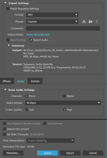 Exportieren Sie Ihr Audio als MP3-Datei in Adobe Premiere.