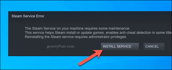 Steam-Servicefehler Service-Option neu installieren