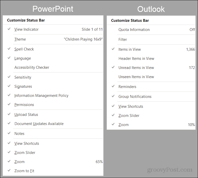 Optionen für die PowerPoint- und Outlook-Statusleiste