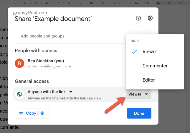 Legen Sie Optionen zum Teilen von Links in Google Docs fest